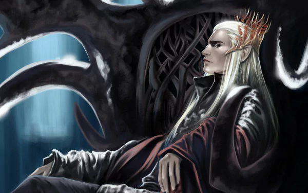 HD PC desktop wallpaper featuring a fantasy elf with silver hair and a regal crown, seated against an intricate, dark, organic throne in a mystical setting.