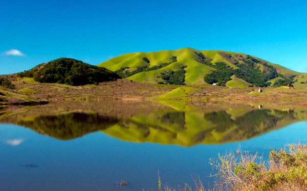 A serene landscape featuring lush green hills reflected in a calm lake, showcasing the beauty of nature in vibrant colors. This image serves as a stunning HD desktop wallpaper.