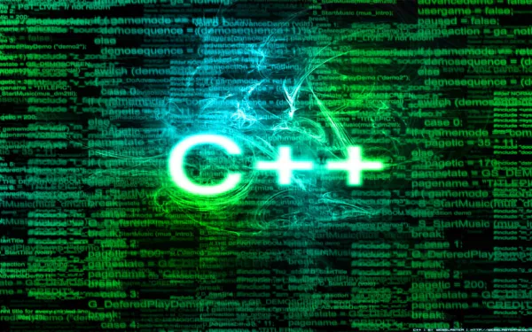 HD desktop wallpaper featuring glowing green C++ code and logo on a dark background, themed around programming.