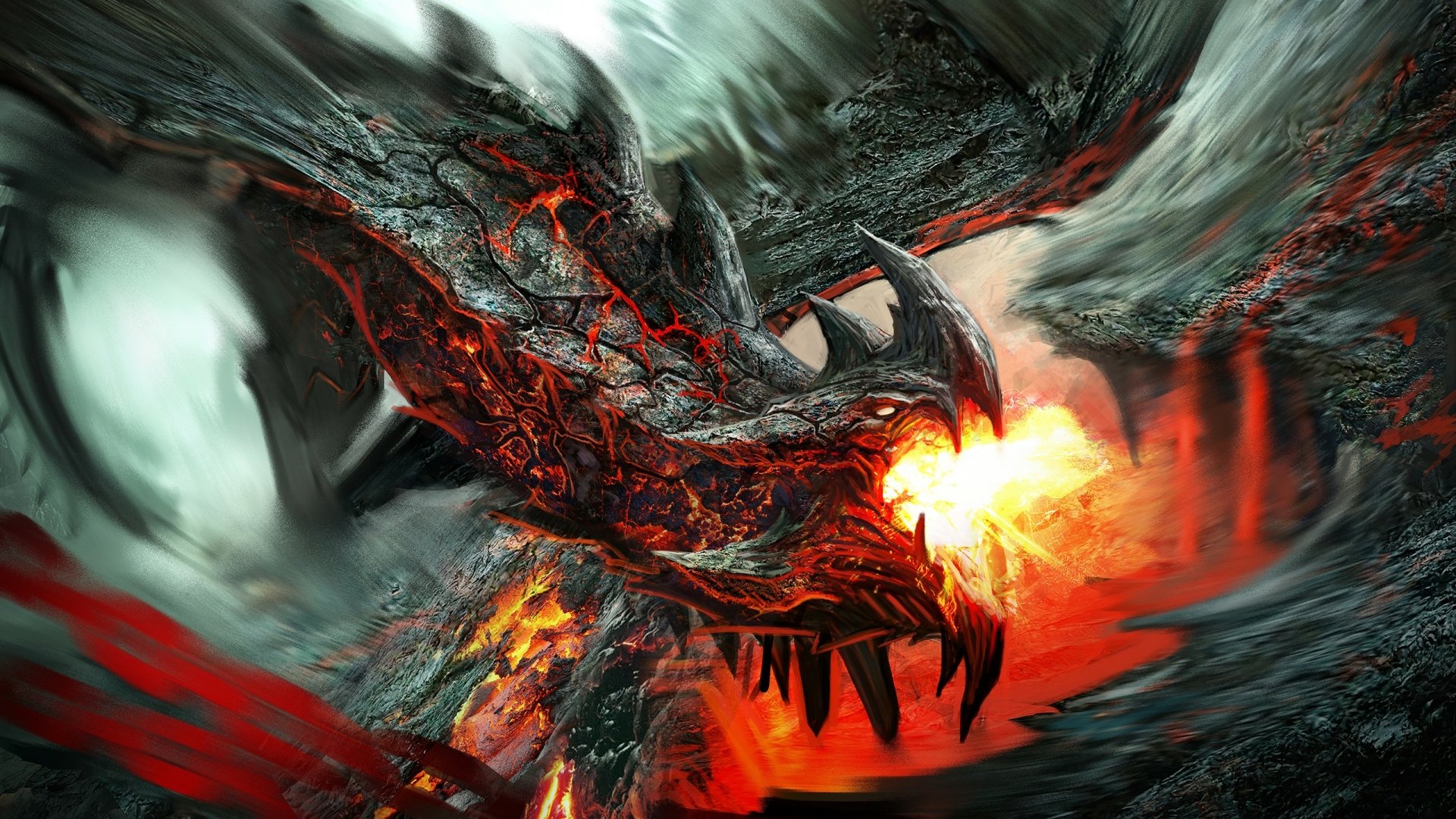HD desktop wallpaper featuring a fierce dragon breathing fire amidst chaotic swirls of smoke and flame.