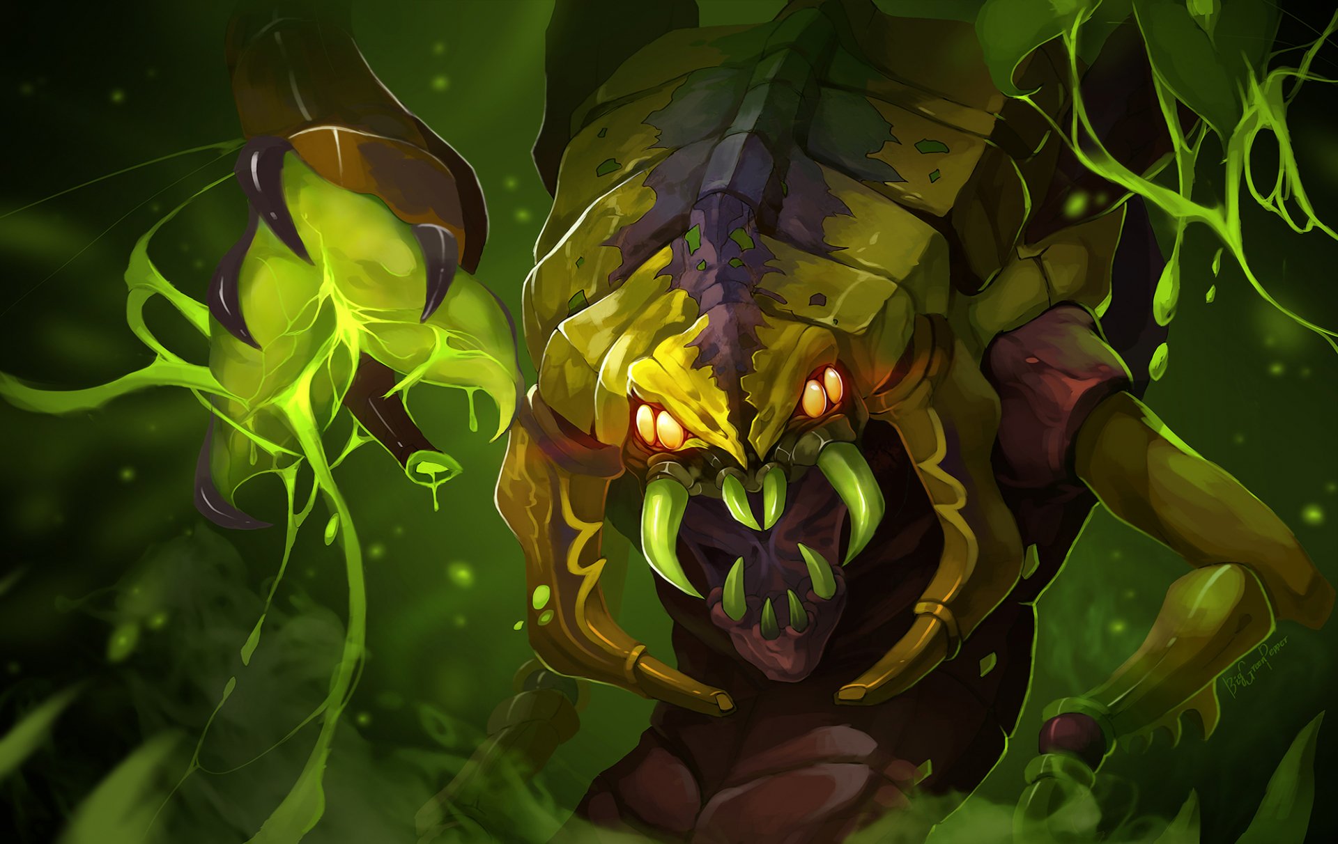 HD PC desktop wallpaper featuring a fierce, glowing-eyed insectoid creature from the video game DotA 2, surrounded by eerie green tendrils.