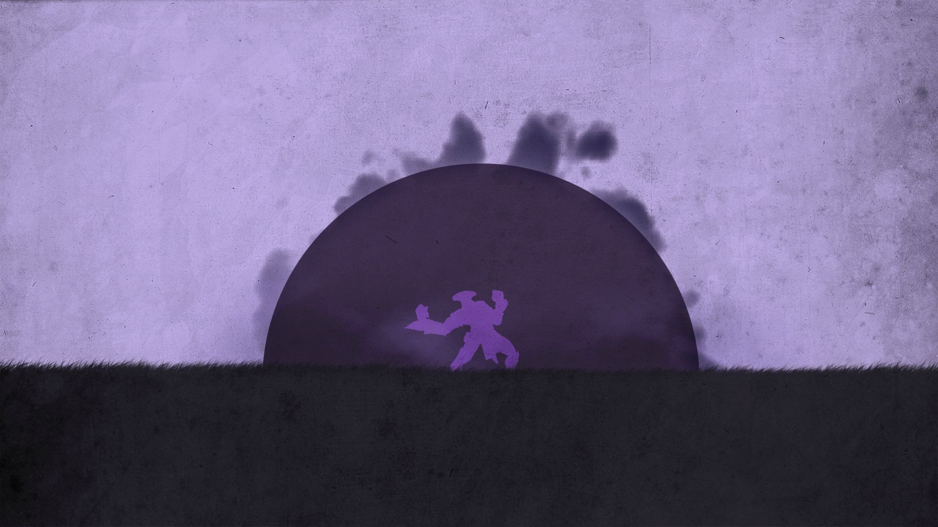 HD PC desktop wallpaper: minimalist DotA 2 video game scene with a purple backlit hero silhouette before a dark horizon and an eclipse-like circle.