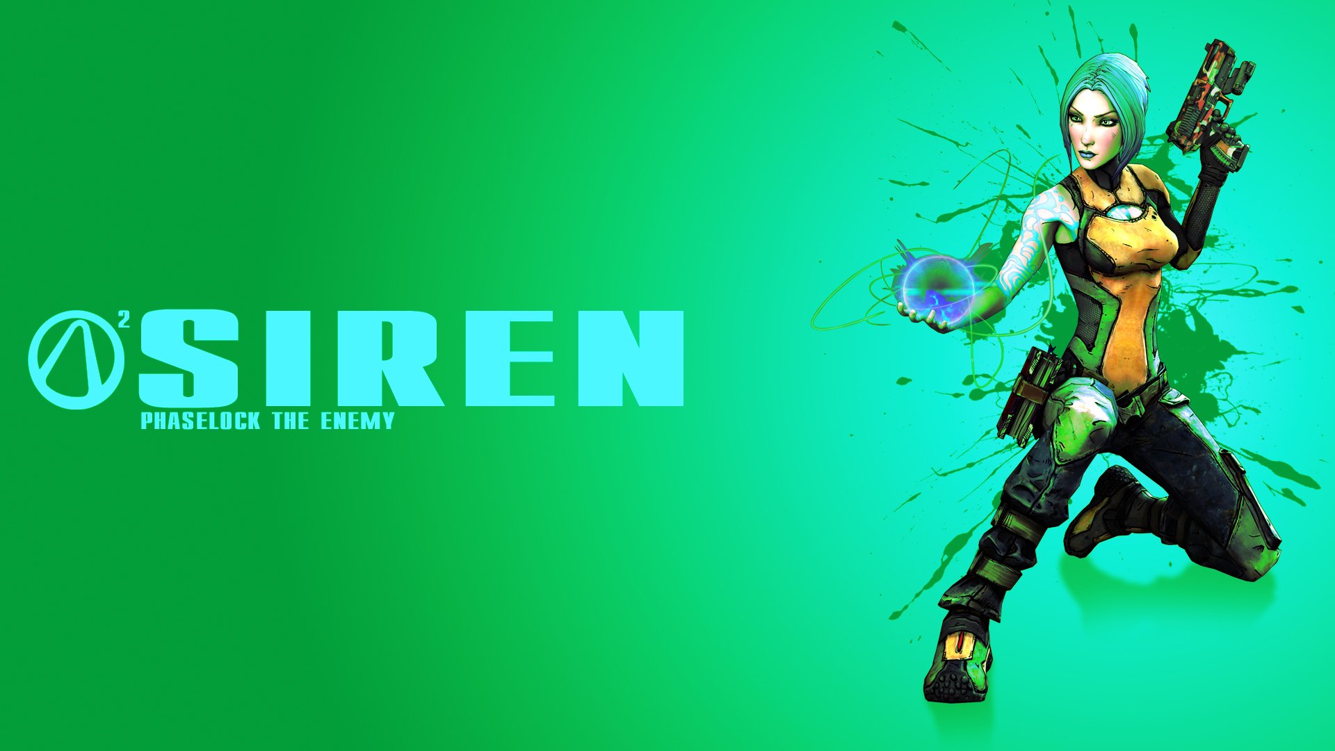 HD PC desktop wallpaper of Borderlands 2 featuring the Siren in a green stylized background, striking a dynamic pose with a glowing orb and the game logo.