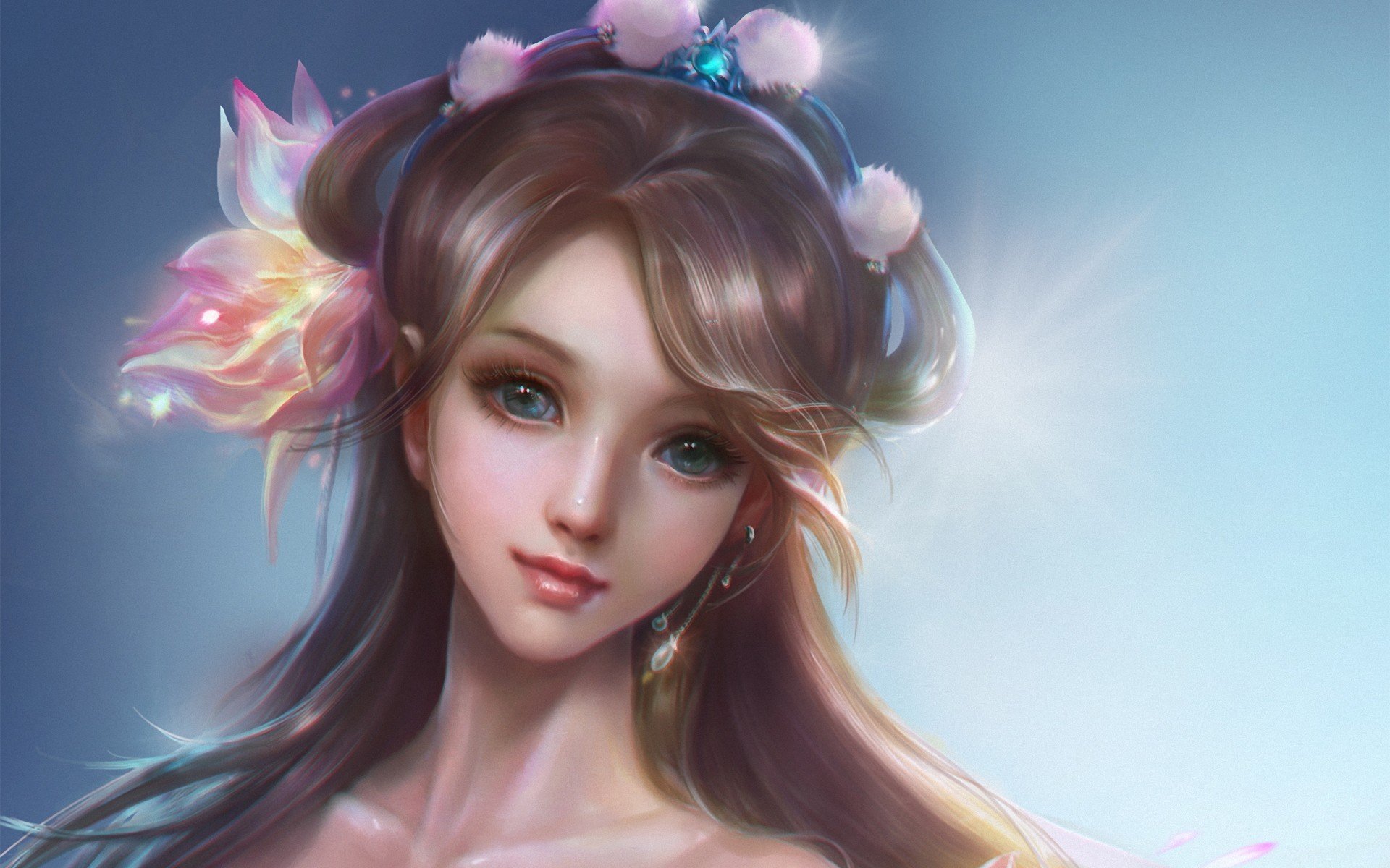 Artistic digital portrait of a woman with delicate features and floral adornments, created as an HD PC desktop wallpaper and background.