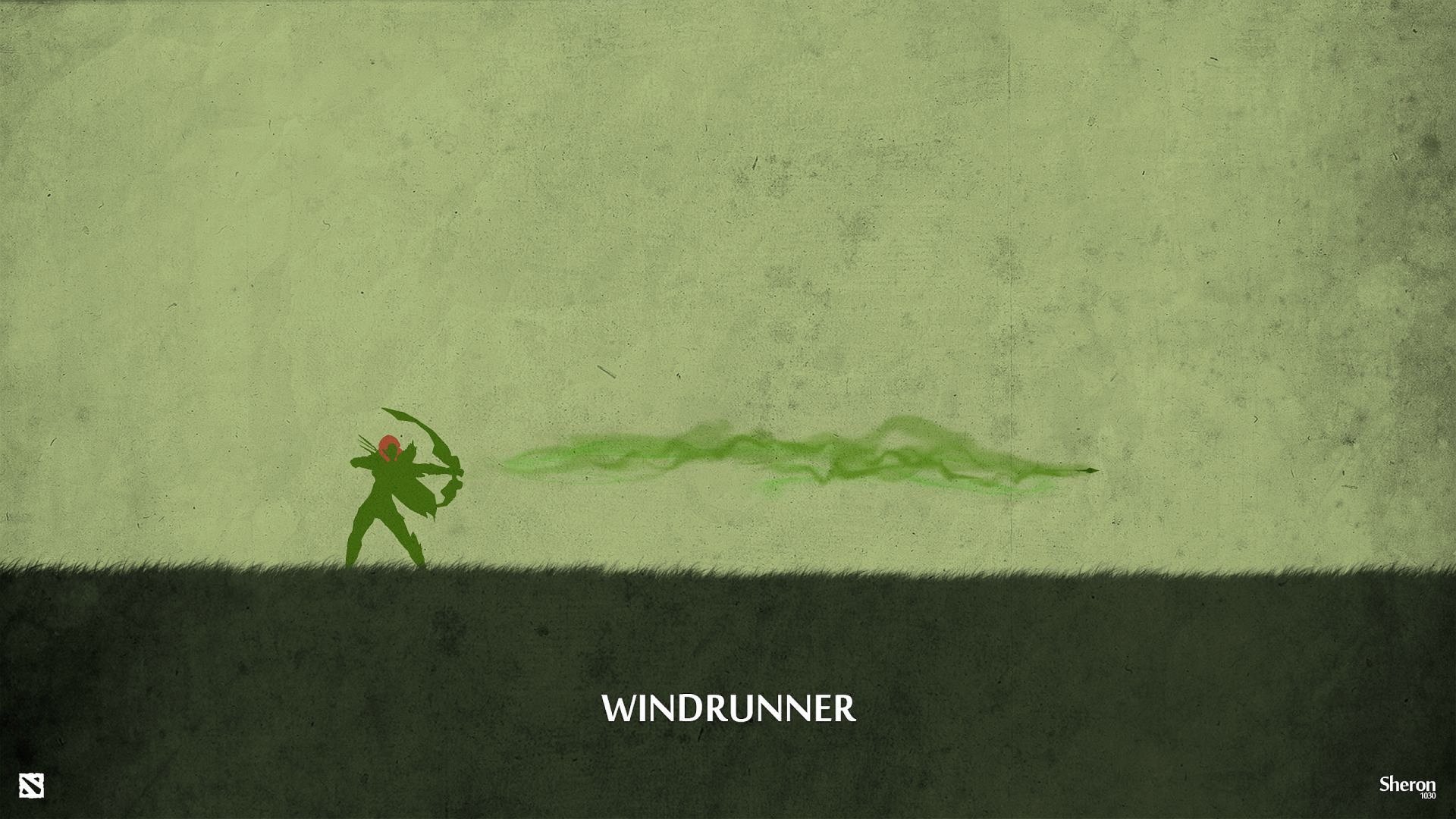 2K Quad HD PC wallpaper of Windranger (DotA 2) — video game art: minimalist green silhouette fires a long emerald arrow across a textured two-tone background, caption WINDRUNNER.