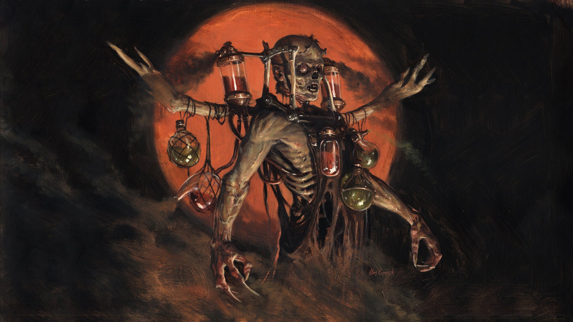 Man-made Magic: The Gathering HD PC wallpaper: a skeletal ghoul hung with lanterns and trinkets reaches from smoky darkness beneath a blood-red moon.
