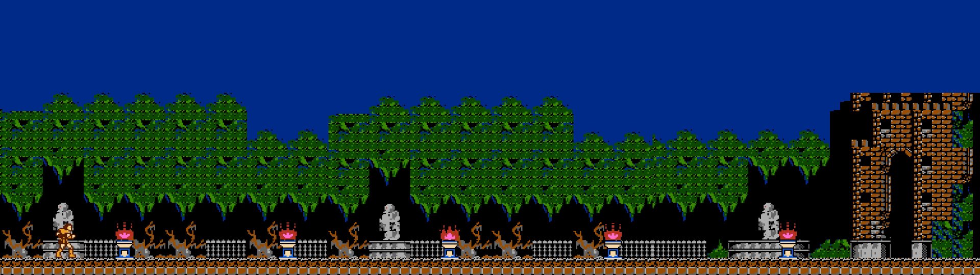 HD PC desktop wallpaper & background: retro Castlevania video game scene — pixel forest skyline under deep blue sky, stone statue, flaming candles and tiled platform foreground.