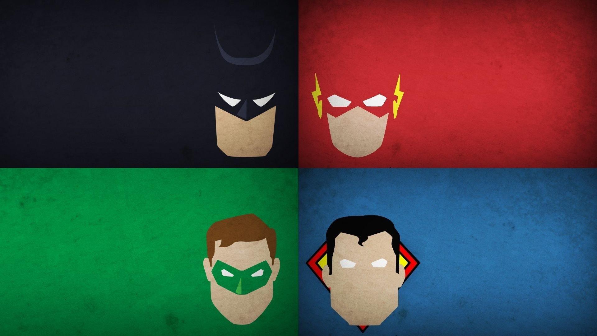 HD desktop wallpaper featuring minimalist comic-style portraits of Batman, Flash, Green Lantern (Hal Jordan), and Superman from the Justice League.