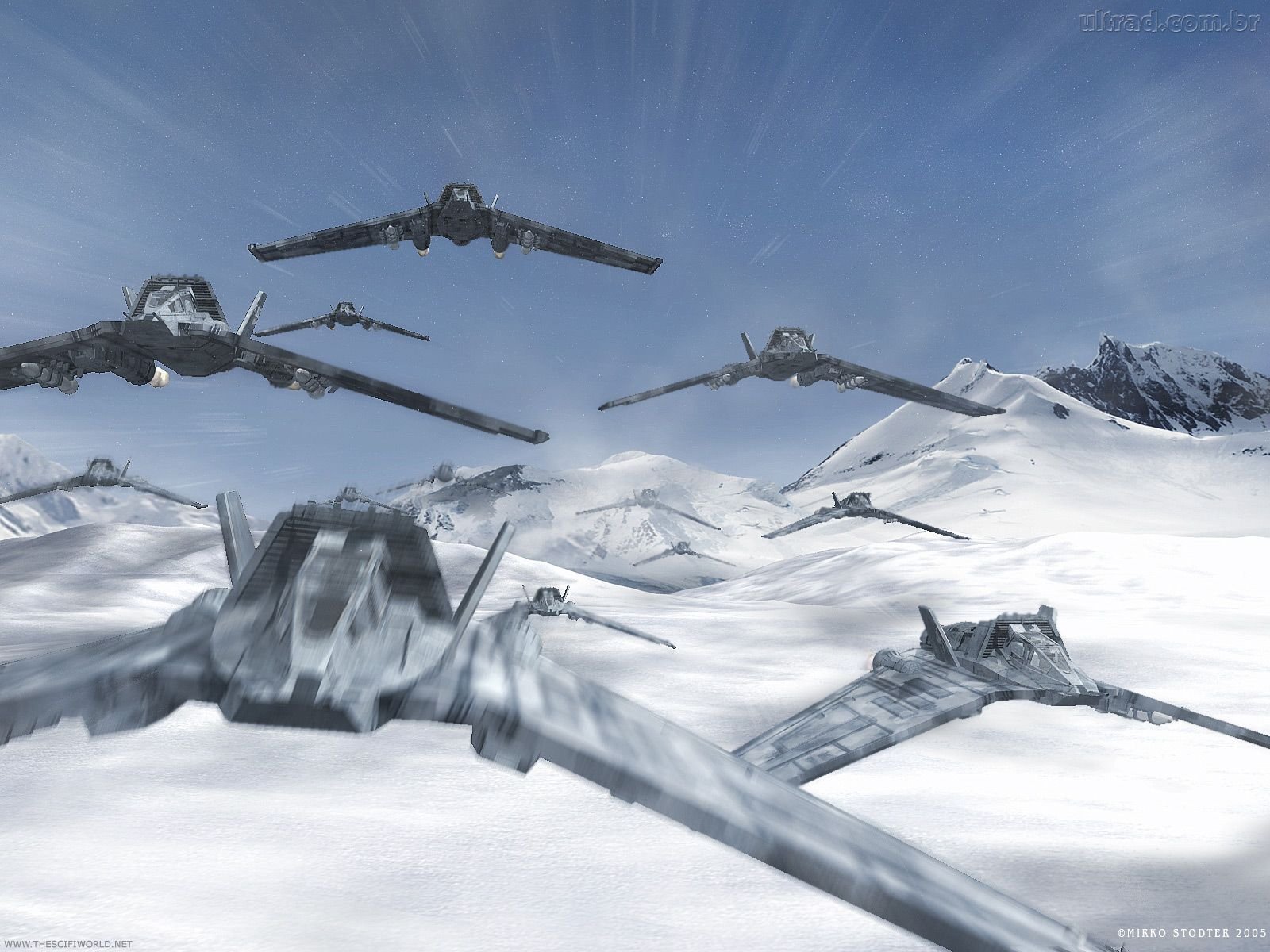 HD PC desktop wallpaper from the TV show Stargate SG-1, featuring futuristic aircraft flying over a snowy mountainous landscape.