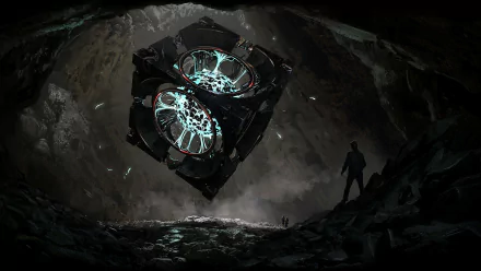 HD wallpaper from The Bureau: XCOM Declassified featuring a figure observing an enigmatic sci-fi structure in a cavern.