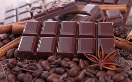 HD desktop wallpaper of dark chocolate bars surrounded by coffee beans, cinnamon sticks, and star anise on a rustic surface.