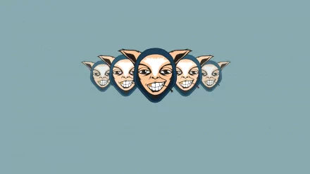 DotA 2 HD PC desktop wallpaper showing five grinning stylized masks in a row, a larger central mask set against a muted teal background—video game art with minimalist composition.