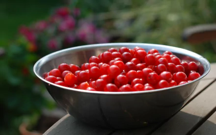 Close-up of a metal bowl filled with bright red berries on a wooden surface, captured in HD for a vibrant food-themed desktop wallpaper.