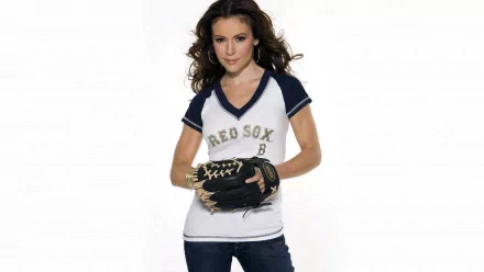 HD desktop wallpaper featuring celebrity Alyssa Milano dressed in a Red Sox shirt, holding a baseball glove against a plain white background.