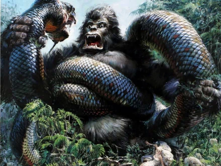 A dramatic HD wallpaper featuring King Kong from the 1976 movie, showcasing the giant ape battling a massive creature amidst a lush jungle backdrop.