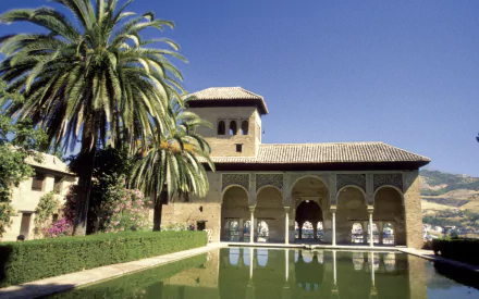 HD desktop wallpaper showcasing the man-made beauty of Alhambra with its iconic arches, reflecting pool, and lush palm tree under a clear blue sky.