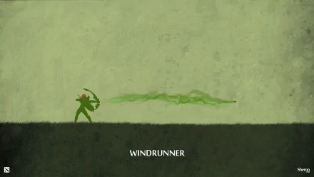 2K Quad HD PC wallpaper of Windranger (DotA 2) — video game art: minimalist green silhouette fires a long emerald arrow across a textured two-tone background, caption WINDRUNNER.