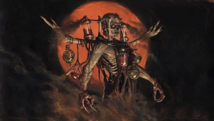 Man-made Magic: The Gathering HD PC wallpaper: a skeletal ghoul hung with lanterns and trinkets reaches from smoky darkness beneath a blood-red moon.