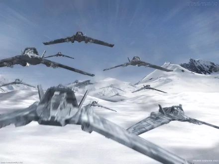 HD PC desktop wallpaper from the TV show Stargate SG-1, featuring futuristic aircraft flying over a snowy mountainous landscape.