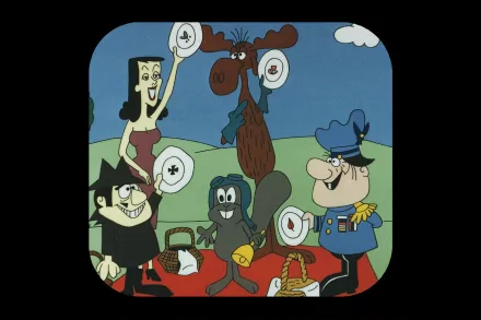 HD PC desktop wallpaper featuring characters from the TV show Rocky and Bullwinkle holding targets in a cartoonish outdoor setting.
