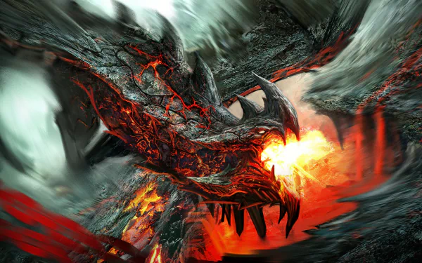 HD desktop wallpaper featuring a fierce dragon breathing fire amidst chaotic swirls of smoke and flame.