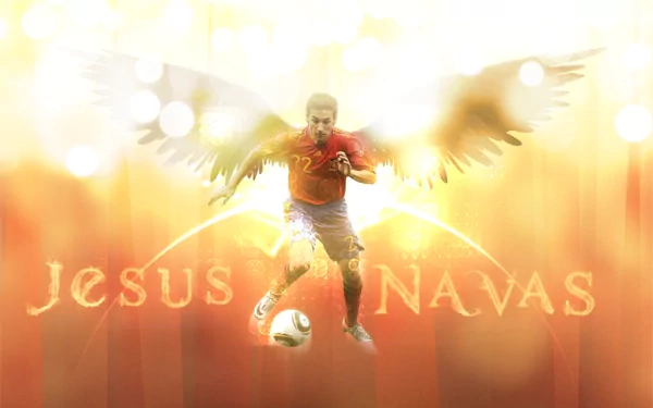 HD PC desktop wallpaper: stylized footballer with angelic wings dribbling a ball amid golden light and glowing team-style text — sports-themed background.