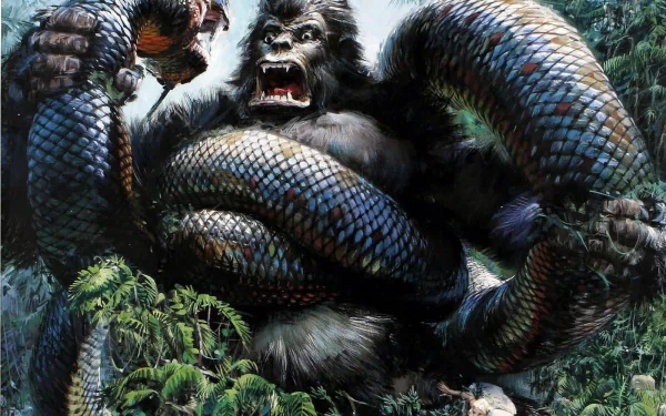 A dramatic HD wallpaper featuring King Kong from the 1976 movie, showcasing the giant ape battling a massive creature amidst a lush jungle backdrop.