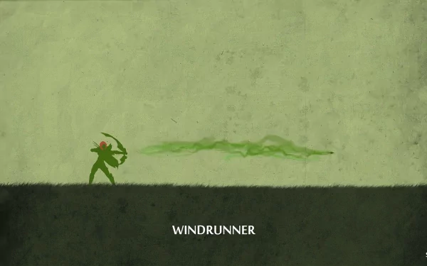 2K Quad HD PC wallpaper of Windranger (DotA 2) — video game art: minimalist green silhouette fires a long emerald arrow across a textured two-tone background, caption WINDRUNNER.