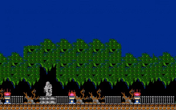 HD PC desktop wallpaper & background: retro Castlevania video game scene — pixel forest skyline under deep blue sky, stone statue, flaming candles and tiled platform foreground.