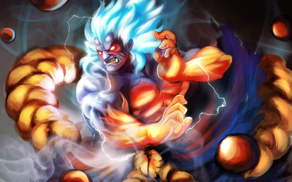 HD PC desktop wallpaper featuring Blanka from the Street Fighter video game, depicted with electrifying energy and dynamic motion in a vibrant, intense scene.