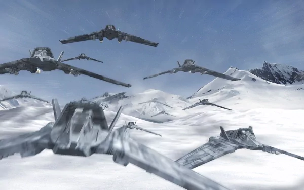 HD PC desktop wallpaper from the TV show Stargate SG-1, featuring futuristic aircraft flying over a snowy mountainous landscape.