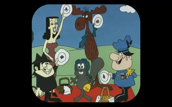 HD PC desktop wallpaper featuring characters from the TV show Rocky and Bullwinkle holding targets in a cartoonish outdoor setting.