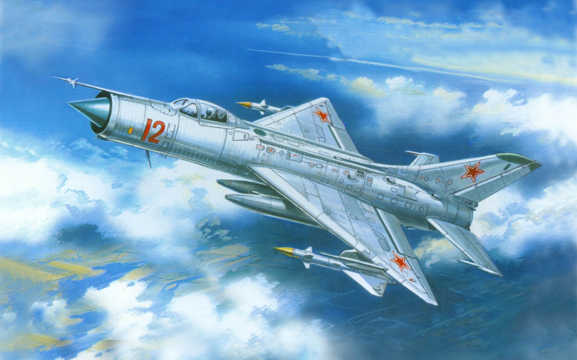 2K Quad HD desktop wallpaper: Sukhoi Su-11 interceptor with red stars and nose 12 soaring above clouds in a bright blue sky.