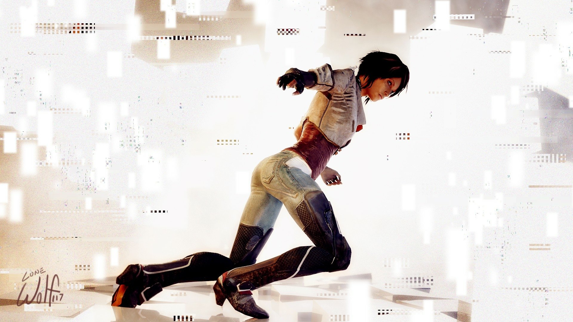HD PC desktop wallpaper featuring Nilin from the video game Remember Me in a dynamic running pose against a fragmented digital background.