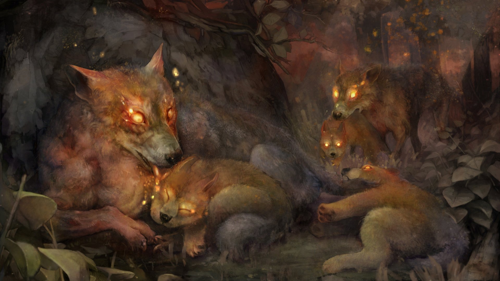 Dragons Crown video game 2K Quad HD PC desktop wallpaper and background: painterly scene of glowing-eyed wolves and pups nestled in a shadowy forest den, warm ember highlights and misty foliage.