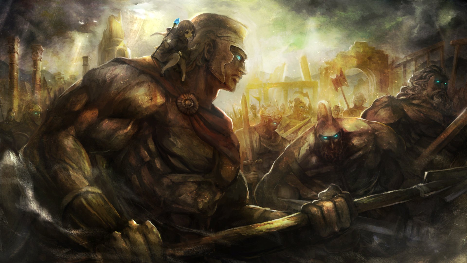 Dragons Crown video game 2K Quad HD PC desktop wallpaper: muscular warriors clash in a foggy, ruined fantasy city, their eyes glowing under stormy, golden light.