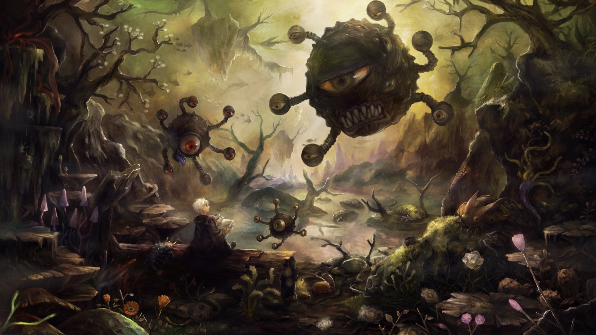 HD PC desktop wallpaper from the video game Dragon’s Crown featuring dark, eerie floating eyeball monsters in a misty, twisted forest setting.