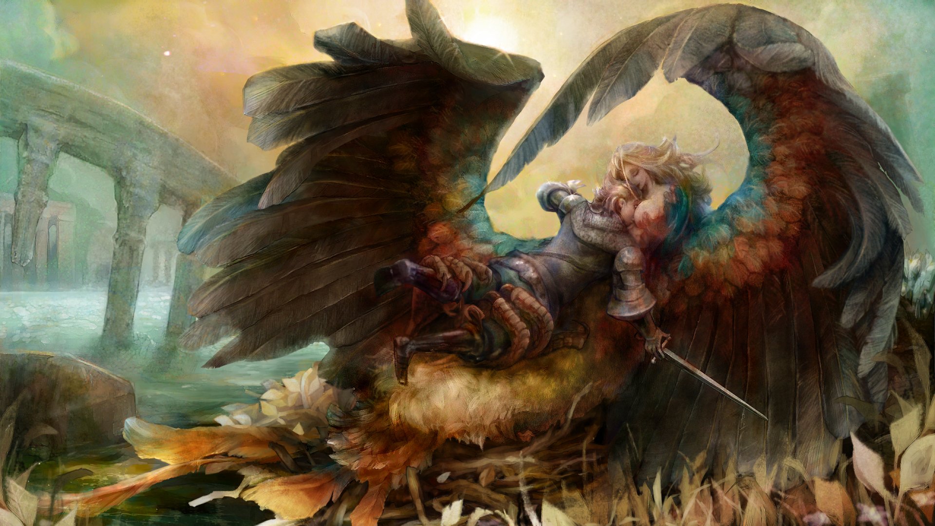 HD PC desktop wallpaper featuring a dramatic scene from the video game Dragon's Crown, showcasing a winged creature and a warrior in a fantasy setting.