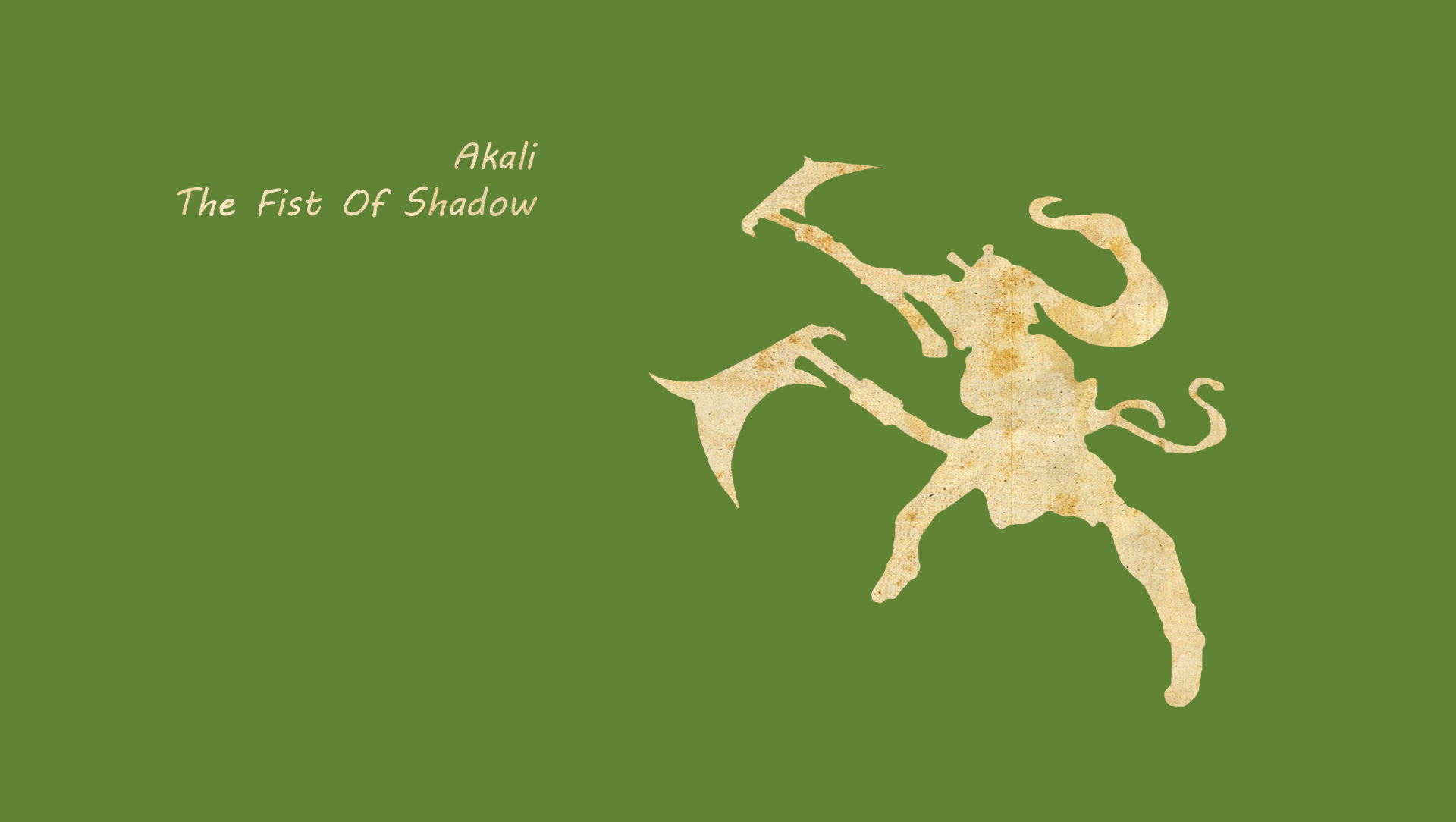 2K Quad HD PC wallpaper of Akali (League of Legends): gold silhouette and Akali The Fist Of Shadow text on an olive green background, video game artwork.