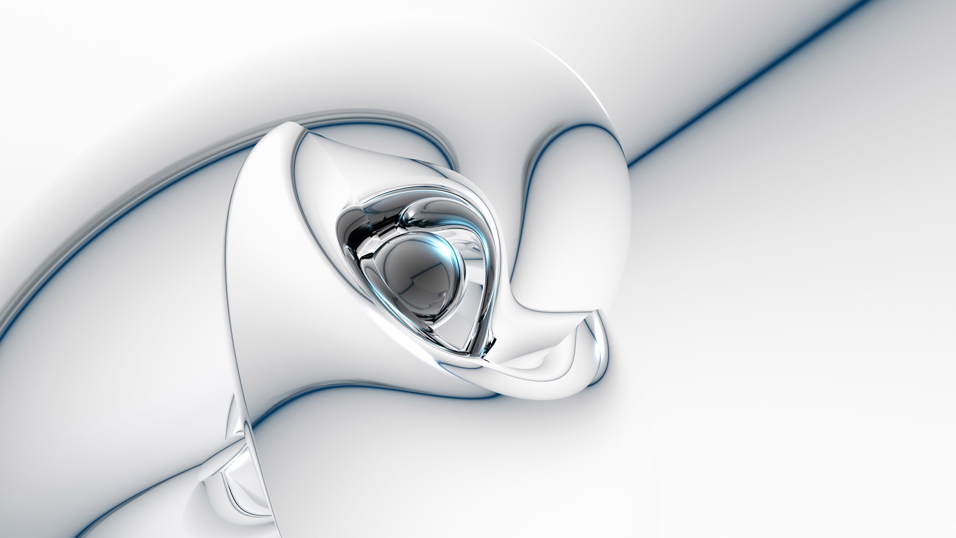 Abstract, mystical HD PC desktop wallpaper: smooth white ribbons and a reflective orb with faint blue accents