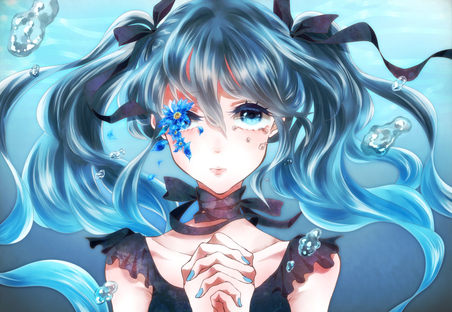 HD desktop wallpaper featuring Hatsune Miku from Vocaloid, depicted with flowing blue hair and a floral accent, embodying an anime style.