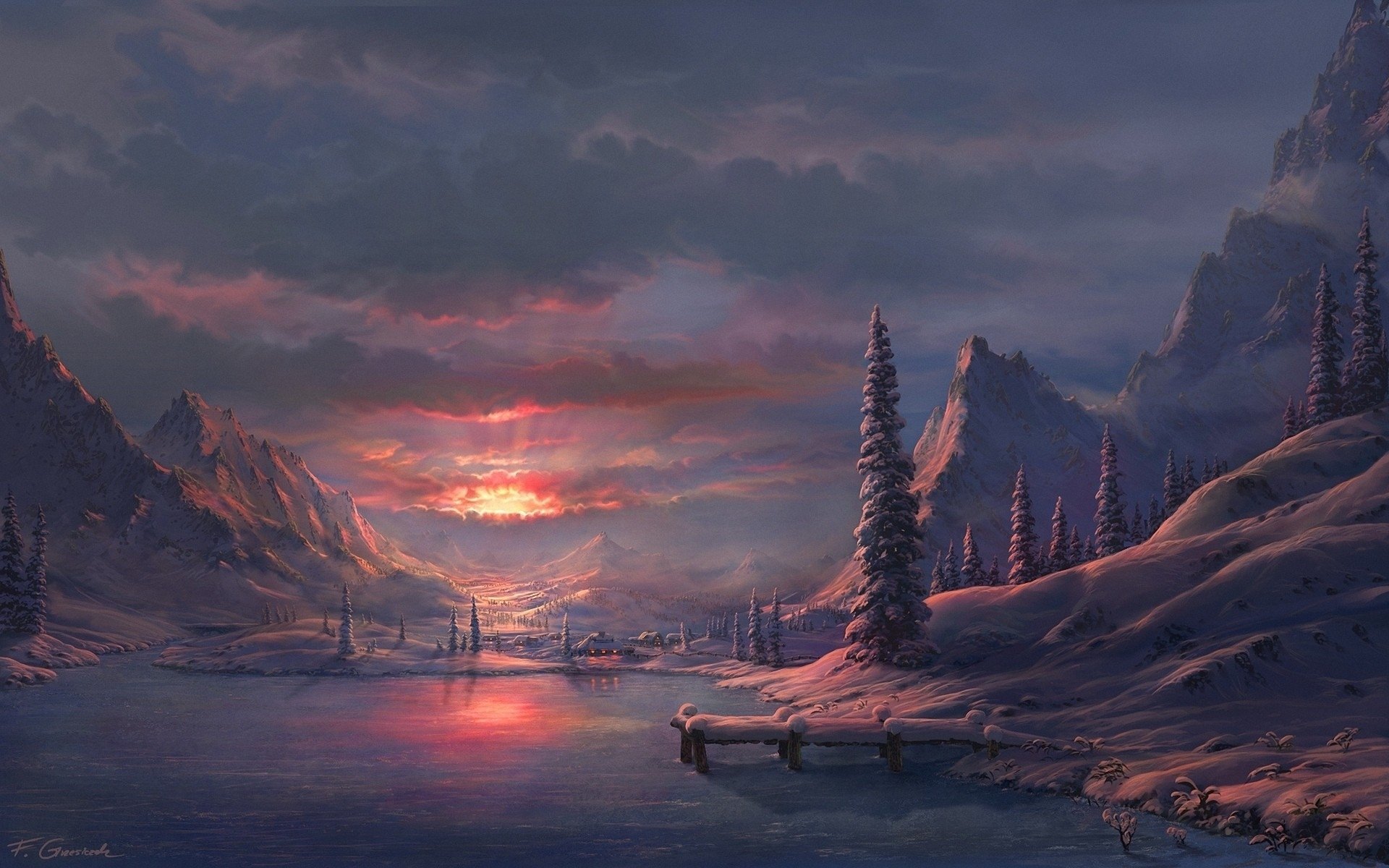 Artistic winter HD PC desktop wallpaper: tranquil snow-covered valley and firs by a frozen lake at sunset, soft pink and violet light reflecting on icy water.