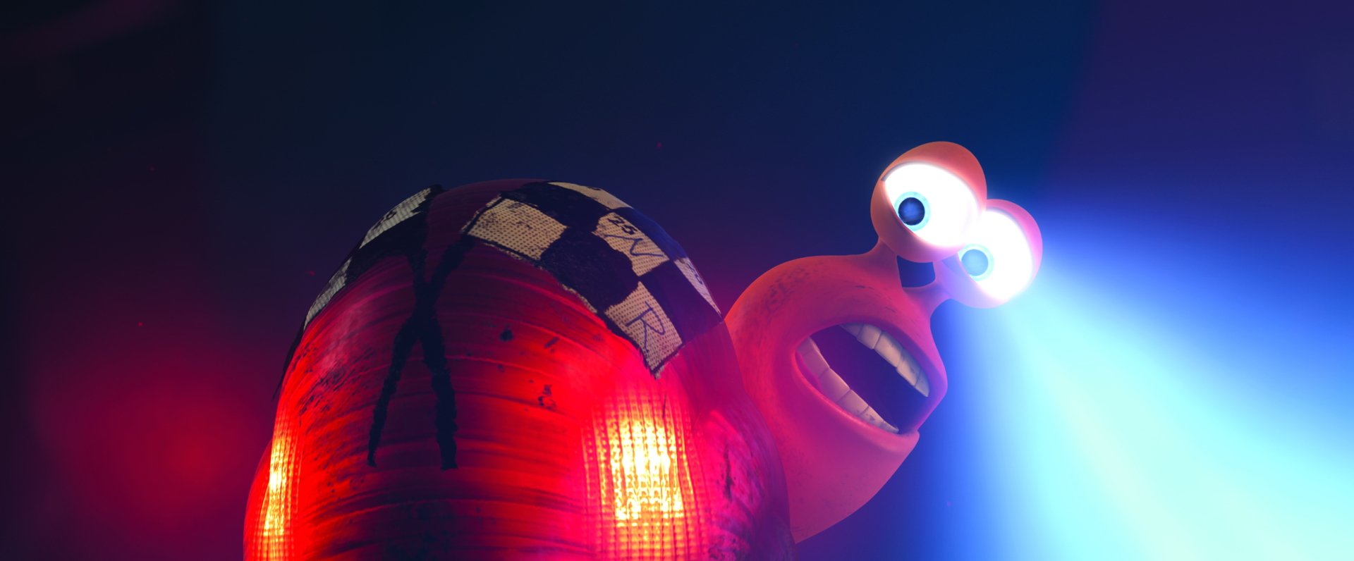 HD PC desktop wallpaper featuring Turbo, the animated snail from the movie Turbo, illuminated by a bright light with a racing theme.
