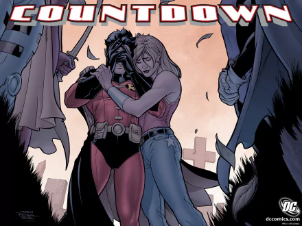 Cassandra Sandsmark (Wonder Girl) — blonde and crying — hugs Tim Drake (Red Robin) in his cape; she wears jeans and a bracelet. DC Comics Countdown comic wallpaper.