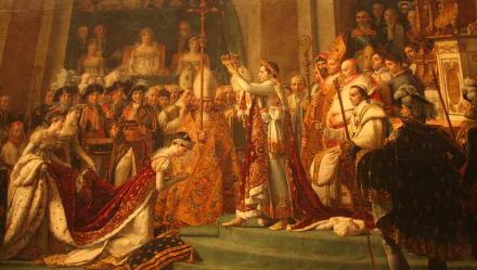 HD artistic painting depicting a grand historical coronation scene filled with regal figures and intricate details, designed as a PC desktop wallpaper.