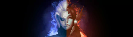 HD artwork featuring Leona and Diana from League of Legends, showcasing a striking division of light and darkness with vibrant colors and dynamic smoke effects.