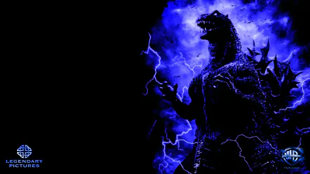 HD desktop wallpaper featuring Godzilla, set against a blue stormy background with lightning. The image is tagged movie, Godzilla, and displays the Legendary Pictures logo.
