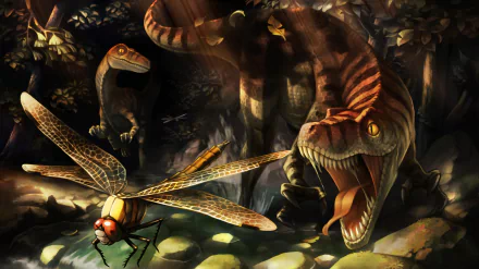 HD PC desktop wallpaper featuring a detailed, dark forest scene with dinosaur-like creatures and a dragonfly, inspired by the video game Dragon's Crown.