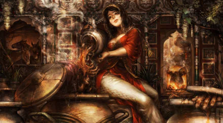 HD PC desktop wallpaper of Dragons Crown video game: sultry sorceress in a red gown stirring a steaming cauldron in an ornate, torchlit alchemy workshop.