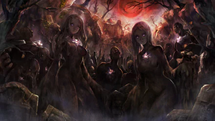 HD PC desktop wallpaper featuring dark, eerie characters from the video game Dragon's Crown surrounded by a haunting, fiery background.